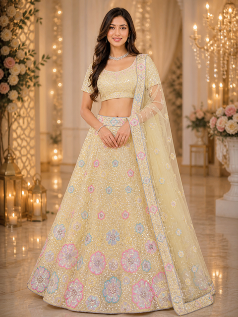 Lite Yellow color Netting based embroidery & sequined work multiflared beautiful lehnga with embroidery work design in blouse and embroidery dupatta (Unstitched Lehnga)
