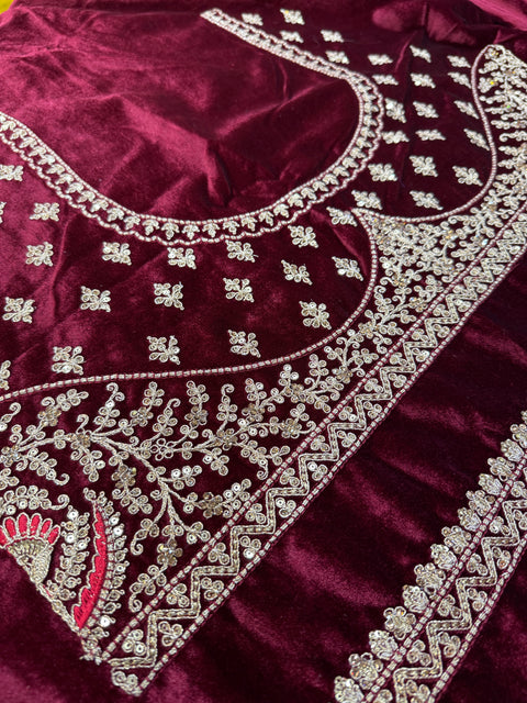 (Video Clip attached)Velvet based hand work with stones work two toned design Heavy Ken ken Bridal designer lehnga with heavy handwork blouse and two Dupatta , with netting and with velvet and heavy latkans