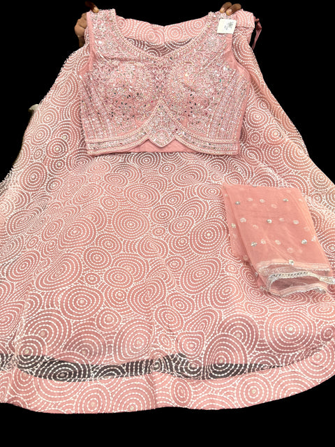 Stones and mirror work designer Blouse with netting shimmer work  design heavy flared lehnga and netting dupatta