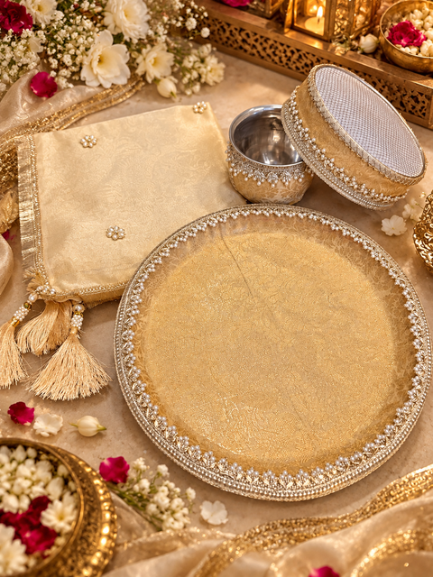 Beautiful Karwa Chauth Thali Set in a classy golden theme with matching thali, channi, kalash and cover cloth. Slight variation in colour and design is possible.