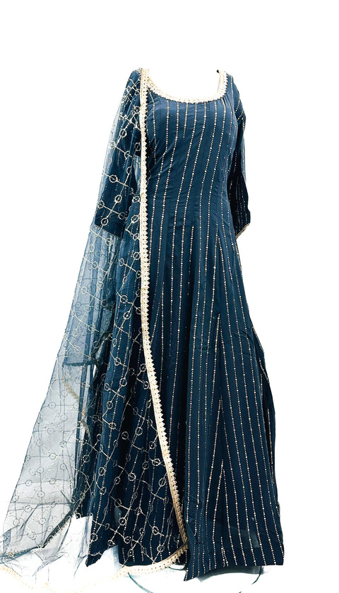 Georgette Based Mukaish Work Gown with netting based Sequinned work Dupatta
