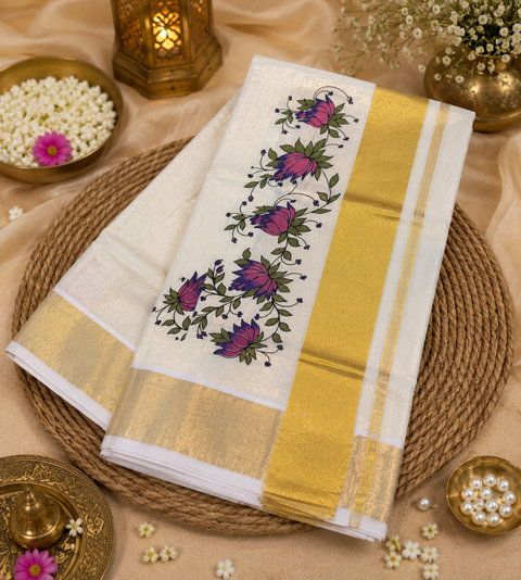 KERALA Gold Tissue SAREE WITH BEAUTIFUL FLORAL PRINT (slight variation in color & design is possible)