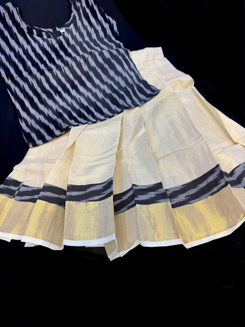 Gold Tissue based kids (Girls)Onam Special cotton blouse and Skirt set
