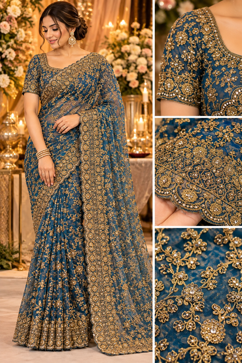 Elegant net saree featuring intricate all-over embroidery with beautiful stone work and a richly detailed border.Comes with an attached blouse piece,the blouse worn by the model is for reference only. Slight variation in colour & design may occur