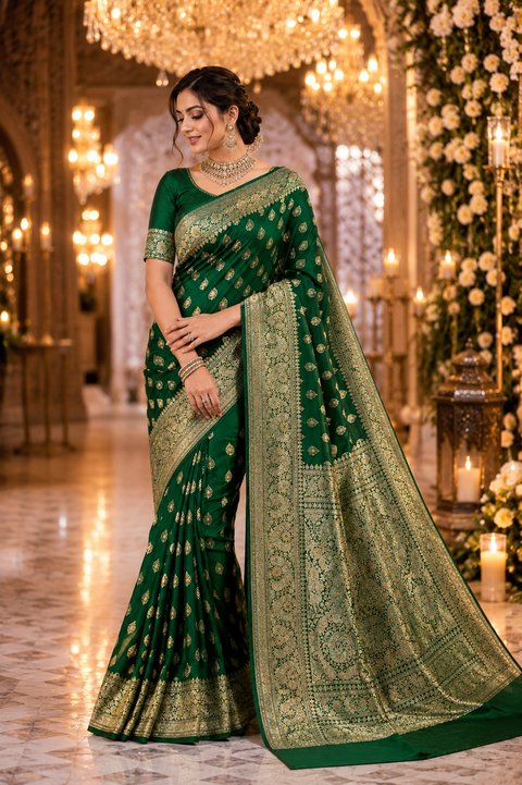 Luxurious Banarasi Silk Saree With Rich Zari Weaving And Elegant Stone Work On The Pallu. Comes With An Attached Blouse Piece. Model Image Is For Reference Only; Slight Variation In Color And Design May Occur.
