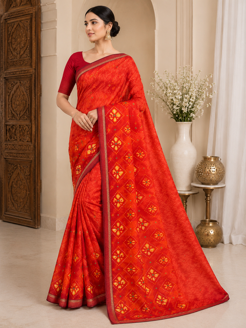 Pure Georgette Based With bandhani Print Soft Saree. Blouse Worn By The Model Is For Reference Purposes Only. The Blouse Piece Is Attached Separately With The Saree. Slight Variation In Color And Design May occur