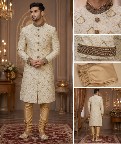 Elegant ivory jacquard sherwani with intricate woven patterns and premium embellished detailing, crafted for a timeless and luxurious wedding look. Slight variation in color and design may occur.