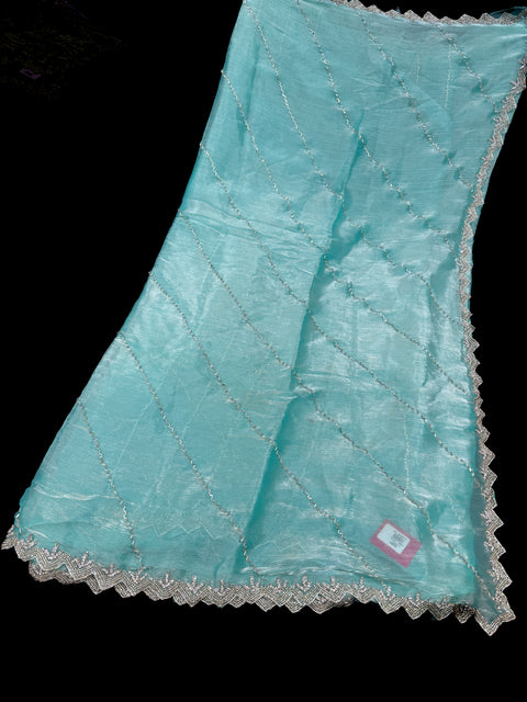 Pastel shades Jimmy Choo base fabric With Beautiful handwork all over on Saree and border
