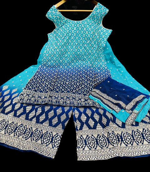 Ombré Georgette based sequined and embroidery work kameez with sharara pants and netting dupatta