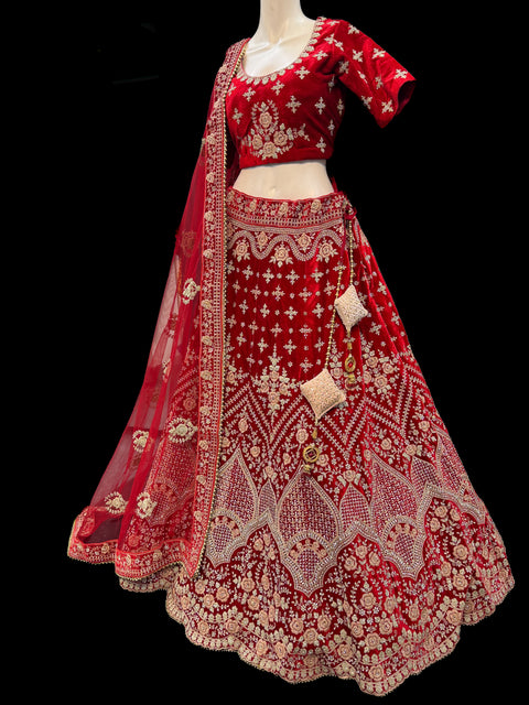 (SIZE 42 (Upto 46)) Red colour velvet Based Beautiful hand Embroidery Work With silver Fine Stones work Very Heavy 3 Layered Ken Ken Super Heavy Designer Bridal Lehnga With Heavy Tessels Attached To Blouse & Lehnga With Heavy Work Contrast Dupatta