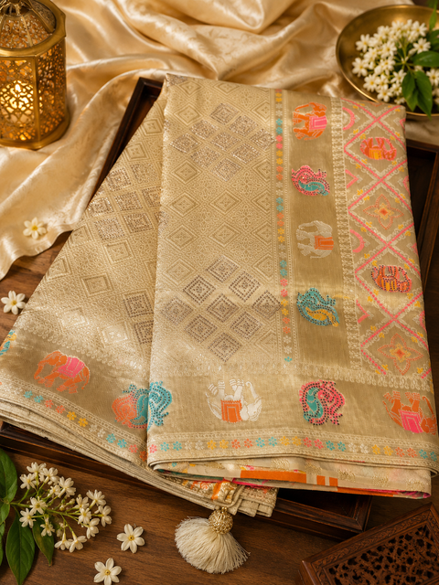 Elephant Peacock design Soft Banarasi Silk brocade saree with stone work and tessels attach on Pallu Model-Worn Blouse Is For Reference Only. Unstitched Blouse Piece Is Attached With Saree(Slight Variation In Color & Design Is Possible)