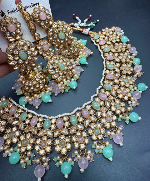 Polki stone with pearls beaded work beautiful necklace with jhumka and tikka set