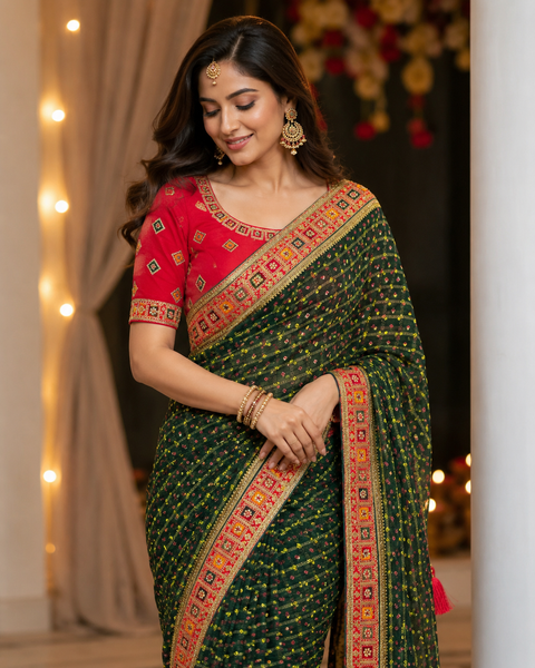 Bandhani print Beautiful Saree with embroidery and stone work border and beautiful design on Pallu with contrast embroidered Blouse. Blouse Piece Attached. Model Image For Reference Only. Slight Variation In Colour And Design May Occur.