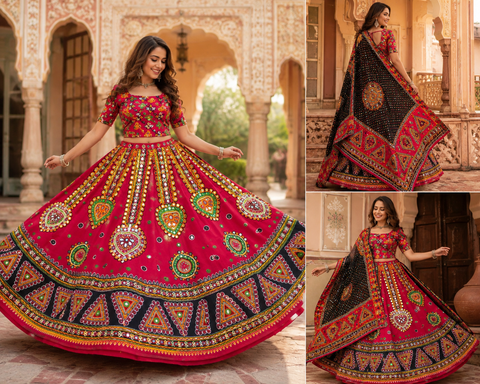 Cotton-based traditional Chaniya Choli set featuring a huge ankle-length flare and a long free-size blouse. Slight variation in colour and design may occur. Model is shown for reference purposes only. (Blouse can be altered in any size below 44 )