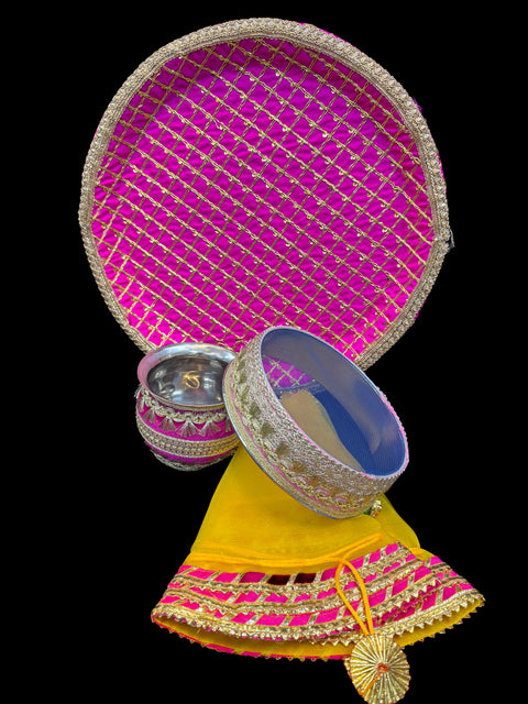 Decorated Karwachauth Thali Set (Thali, Channi, Lota(Kalash) Chunri