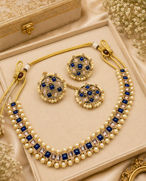 Polki And Pearls Work Beautiful Necklace Set With studs & Tikka