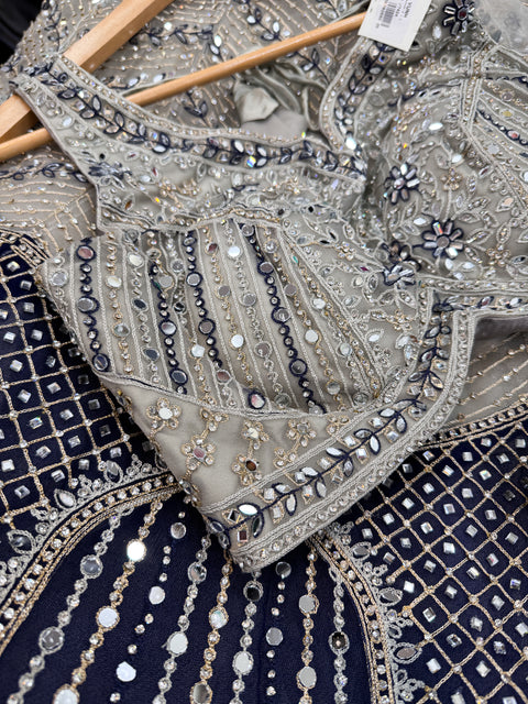 (Video clip attached)Grey & Blue Heavy mirror work designer stylish Blouse with very very heavy flared netting based  princess style lehnga and dupatta