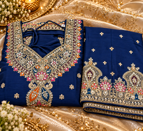 Beautiful georgette fabric outfit with full embroidery and mirror work all over the kameez. Paired with a loose circular palazzo and a matching dupatta with just a border. 
Slight variation in colour and design is possible