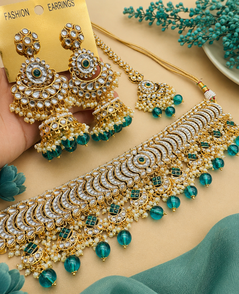 Kundan with pearls work beautiful heavy work choker necklace with designer Jhumka Earrings and Tikka