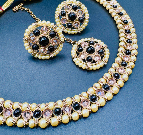 Polki And Pearls Work Beautiful Necklace Set With studs & Tikka