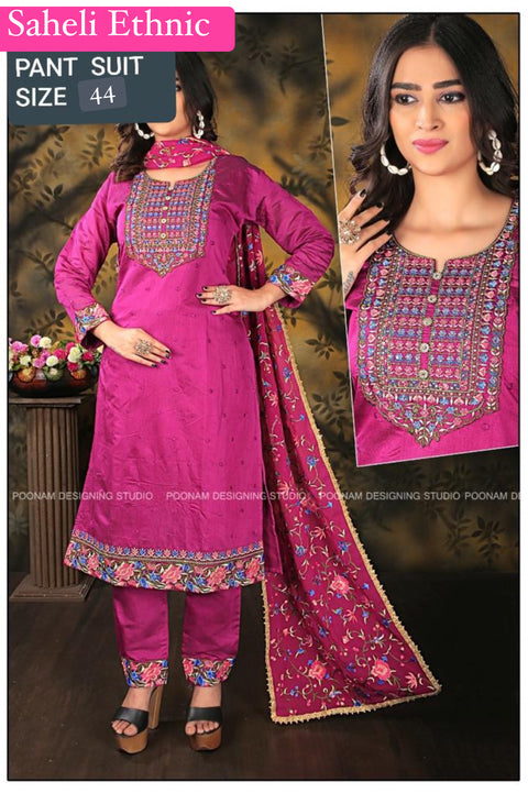 Cotton Silk based multicolour embroidery work designer kameez with embroidery design plazo pants and georgette  based embroidery jaal dupatta