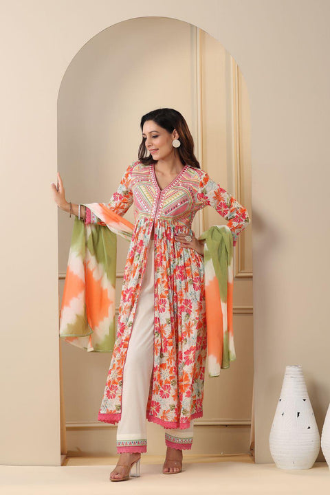 Pure & Soft Rayon Cotton Based Designer Embroidered & Printed Kurti With Plazo Pants & Dupatta