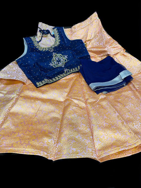 Nevi blue colour silk based stone work blouse with peach pink shade brocade silk lehnga