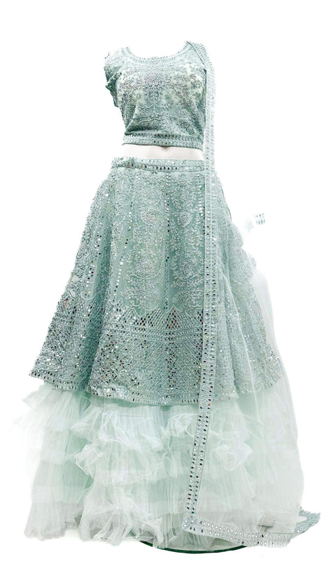 Netting based embroidery all over with beautiful mirror work Designer crop top & Lehnga