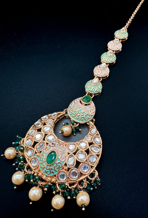 (video clip attached)Green & Mint base Original Kundan Polki stones with Meenkari & Pearls work Bridal necklace with beautiful Jhumka, tikka  NOTE:- original Kundan Polki stones not fake plastic stones)