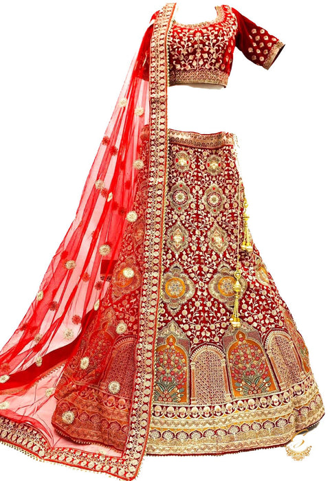 Bright Red colour velvet based beautiful embroidery work with heavy squined work with golden fine stones very heavy 3 layered ken ken super heavy Designer Bridal Lehnga with heavy tessels attached to blouse & Lehnga with heavy work lace beaded dupatta (SI