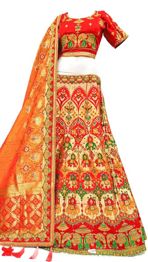 (SIZE 42 (Upto 44))Multicoloured brocade silk Based Beautiful hand Embroidery Work With Golden Fine Stones& beaded pearl work Very Heavy 3 Layered Ken Ken Super Heavy Designer Bridal Lehnga With Heavy Tessels Attached To Blouse & Lehnga With Heavy Work Co