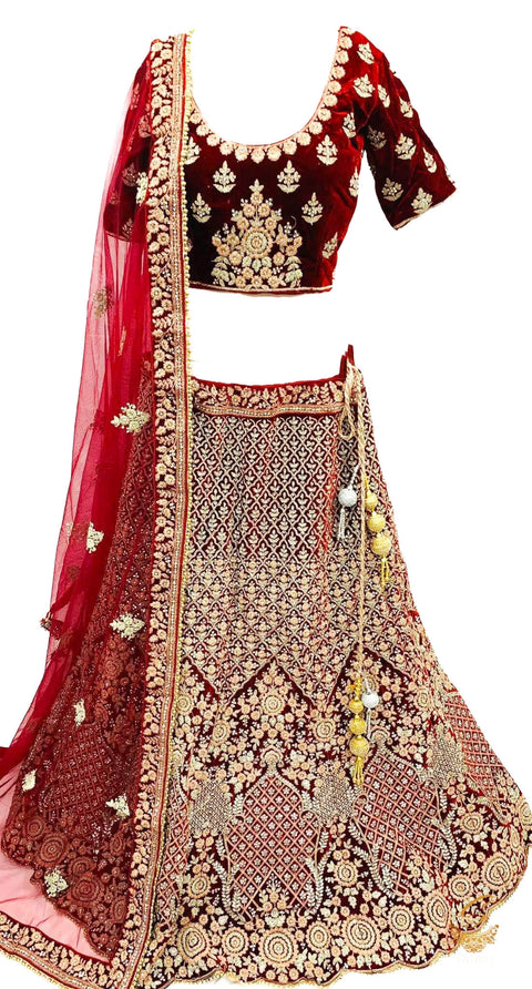 Maroon colour velvet based beautiful embroidery work with heavy fine stones silver work  very heavy 3 layered ken ken super heavy Designer Bridal Lehnga with heavy tessels attached to blouse & Lehnga with heavy work lace beaded dupatta (SIZE 40 (upto 46))