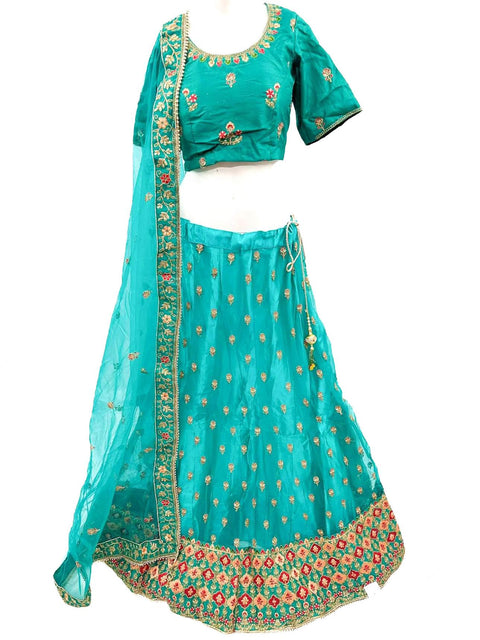 TEal green colour netting based beautiful heavy embroidered work heavy ken ken big flare stitched Lehnga & Blouse with attached Tessels & heavy lace border beaded work DupattaSize 42 (UPTO 48)