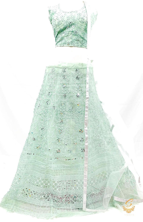 Pastel aqua colour netting based heavy embroider with stone, mirror heavy work lehnga with crop top blouse (Size 40 (upto 42))