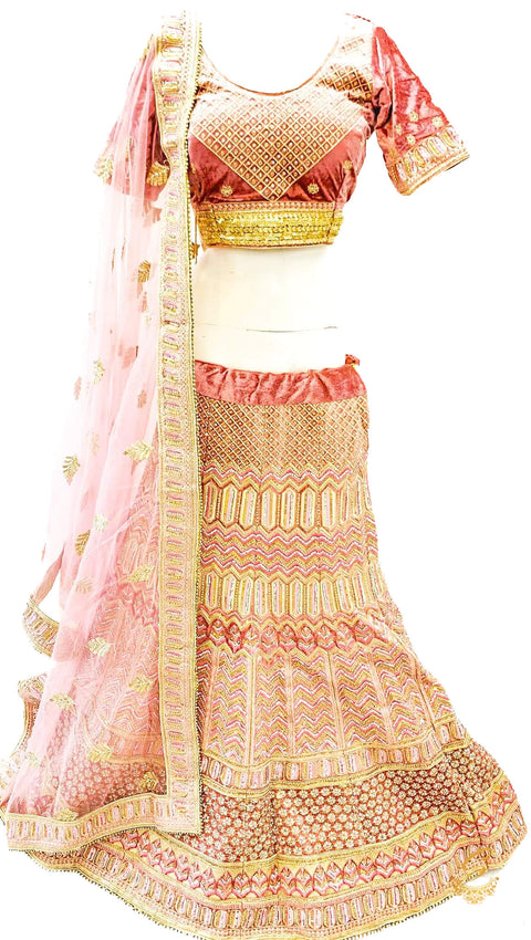 PAstel rose Colour Velvet Based Lehnga With Heavy Handwork With Stones & Embroidery Work Fully Heavy Flared Beautiful Designer Readymade Bridal Lehnga With Very Heavy Embroidered Netting Dupatta With Kamarbelt SIZE 40(UPTO 44)