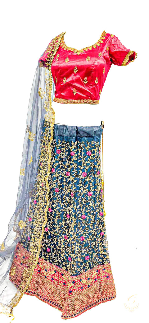 Size 42(upto 46) Dark Grey with Hot Pink colour shimmer thread embroidery work design heavy work lehnga with stitched blouse & netting dupatta with heavy lace border