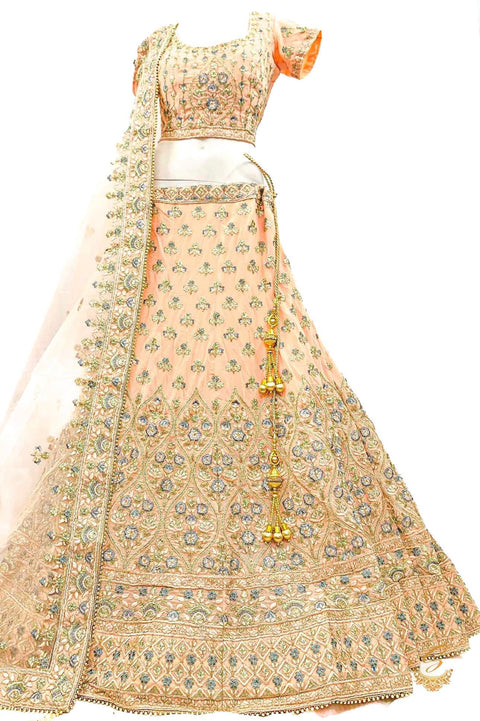 (SIZE 38(Upto 42)) Pastel Peach colour georgette Based Beautiful hand Embroidery Work Very Heavy 3 Layered Ken Ken Super Heavy Designer Bridal Lehnga With Heavy Tessels Attached To Blouse & Lehnga With Heavy Work Contrast Dupatta