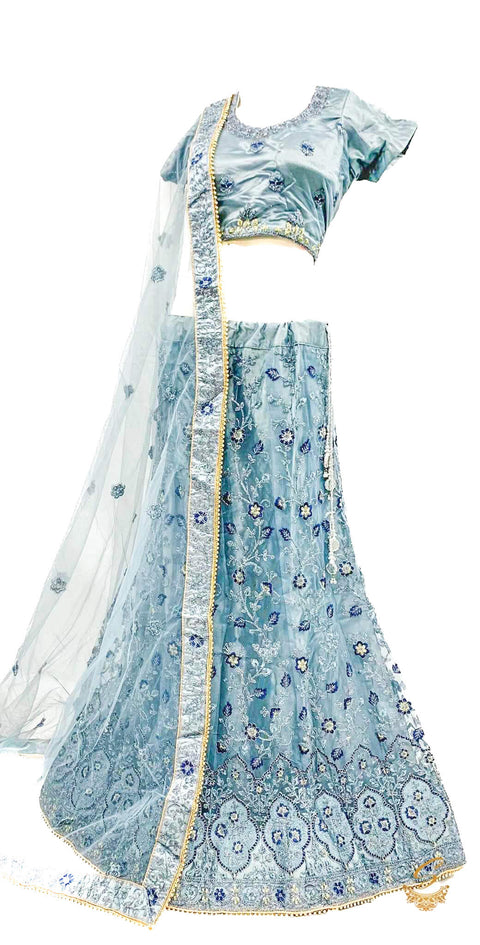 Size 42(upto 46) Grey colour shimmer thread embroidery work design heavy work  lehnga with stitched blouse & netting dupatta with heavy lace border