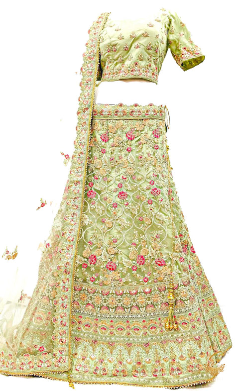 Size 42(UPTO 46)Pastel mint colour Netting Based Beautiful Heavy Embroidered & sequined with stone Work Heavy Ken Ken Big Flare Stitched Lehnga & Blouse With Attached Tessels & Heavy Lace Border Beaded Work Dupatta