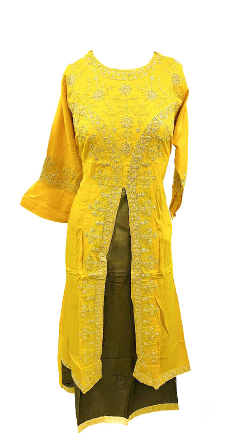 embroidery work front cut style flared rayon kurti