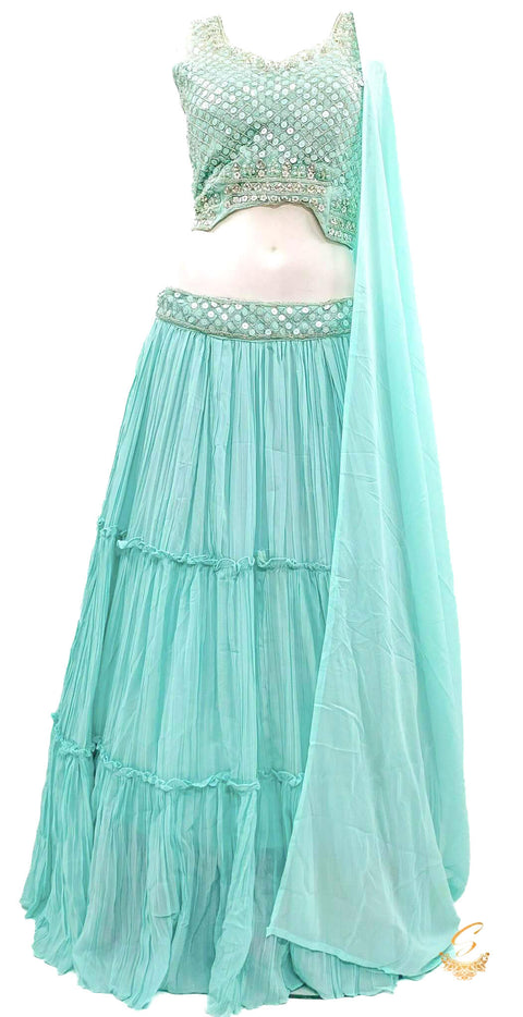 Pastel blue colour georgette based lehnga with heavy sippy work with handwork pearls crop top blouse (Size 36 (upto 38))