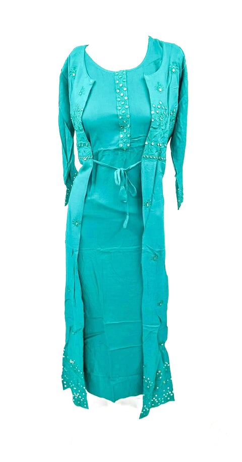 rayon based flared kurti with long flared jacket (not attached)Removeable (mirror work design on jacket)