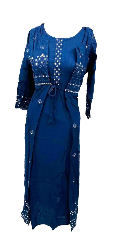 rayon based flared kurti with long flared jacket (not attached)Removeable (mirror work design on jacket)