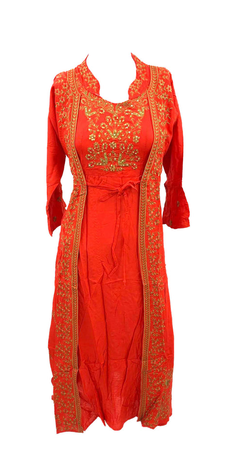 Red colour pure rayon based jacket style front cut embroidered flared kurti