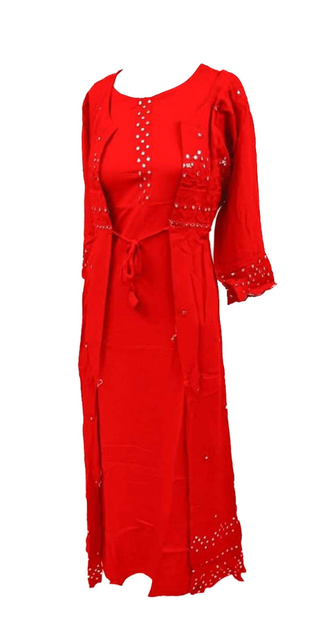 rayon based flared kurti with long flared jacket (not attached)Removeable (mirror work design on jacket)