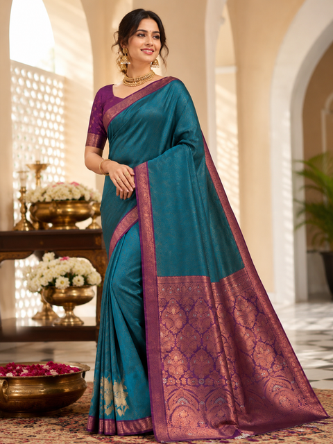 Premium South Silk Saree With Rich Zari Weaving And Contrast Woven Pallu. Featuring Elegant Dual-Tone Shades.Model-Worn Blouse Is For Reference Only. Unstitched Blouse Piece Is Attached With Saree(Slight Variation In Color & Design Is Possible)