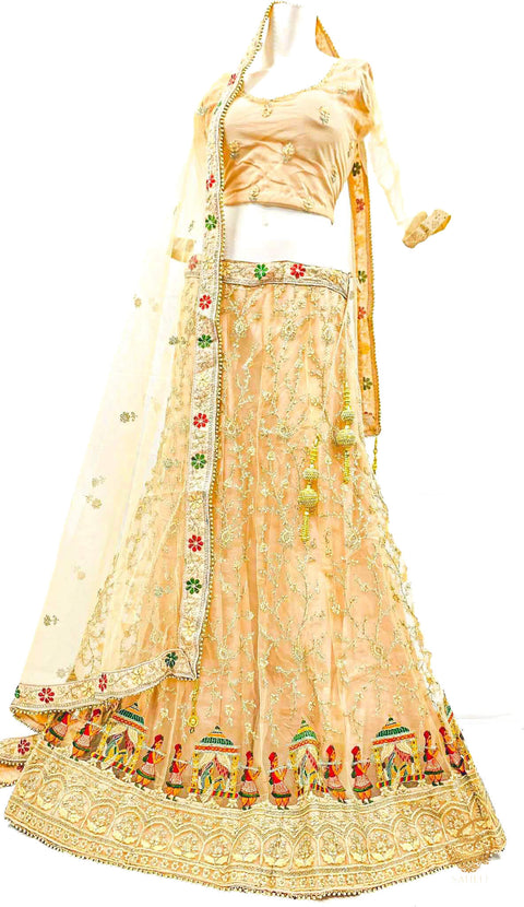 (SIZE 42 (Upto 46))Golden Beige Colour Netting Based Beautiful Multicoloured Embroidery Work With Sequined Stones Work Very Heavy Ken Ken Heavy Designer Lehnga With Heavy Tessels Attached To Blouse & Lehnga With Heavy Work Contrast Dupatta