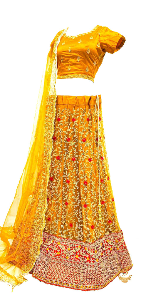 Size 42(upto 46) Bright Copper colour shimmer thread embroidery work design heavy work lehnga with stitched blouse & netting dupatta with heavy lace border