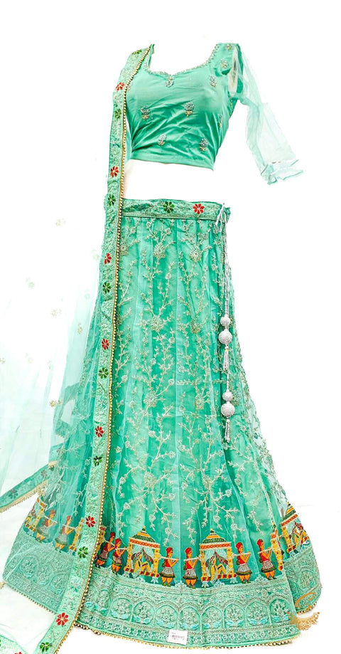(SIZE 42 (Upto 46)) Pastel seafoam Colour Netting Based Beautiful Multicoloured Embroidery Work With Sequined Stones Work Very Heavy Ken Ken Heavy Designer Lehnga With Heavy Tessels Attached To Blouse & Lehnga With Heavy Work Contrast Dupatta