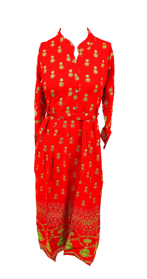 Red colour rayon based printed flared kurti